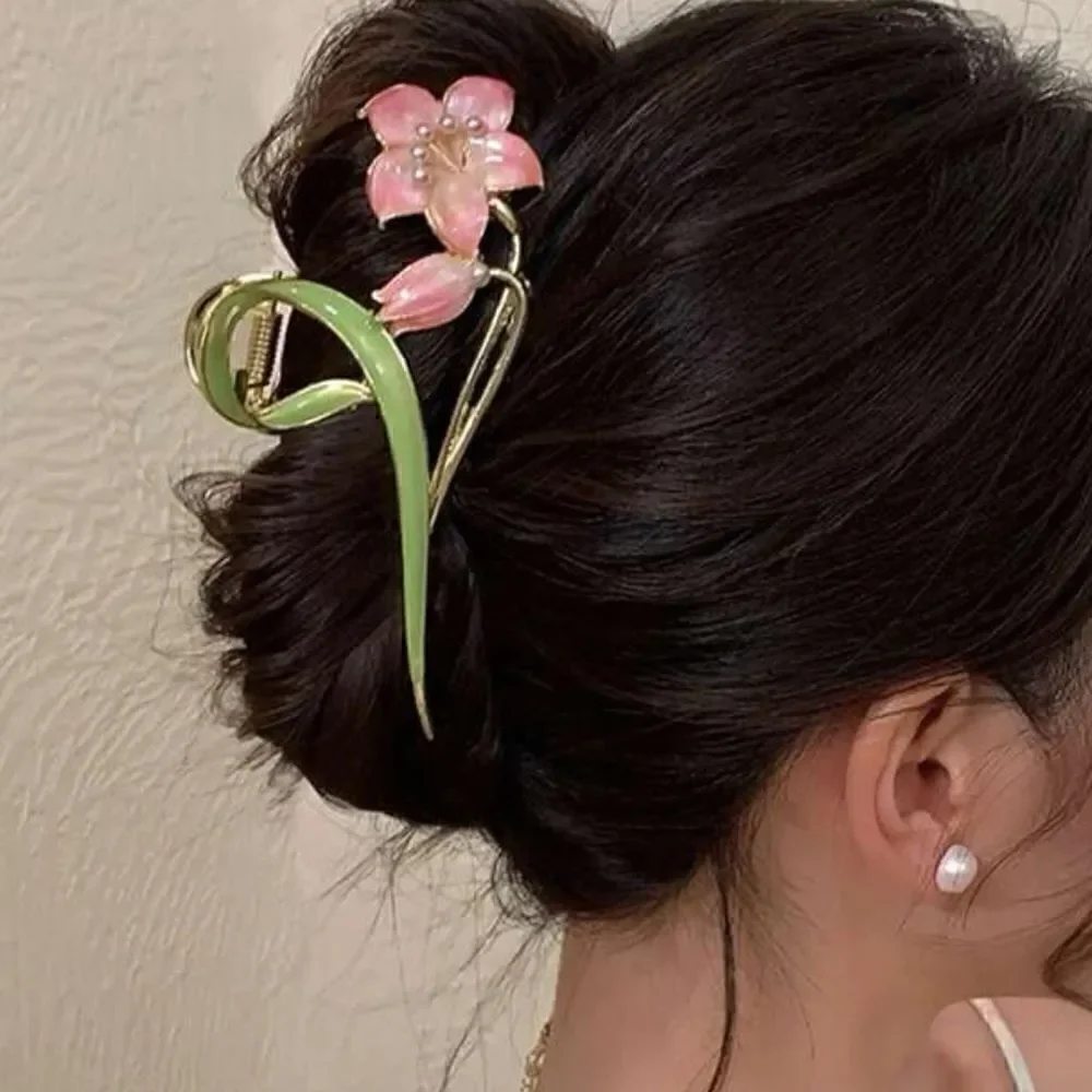 Pink flower hair clips #1020